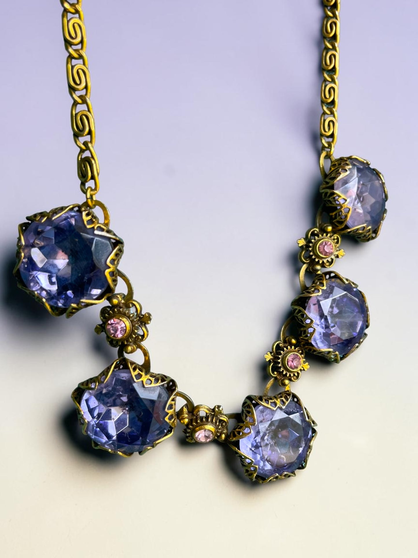 Art Nouveau Austrian Lilac Purple & Pink Crystal Gold Filled Brass Filigree Schiaparelli Necklace