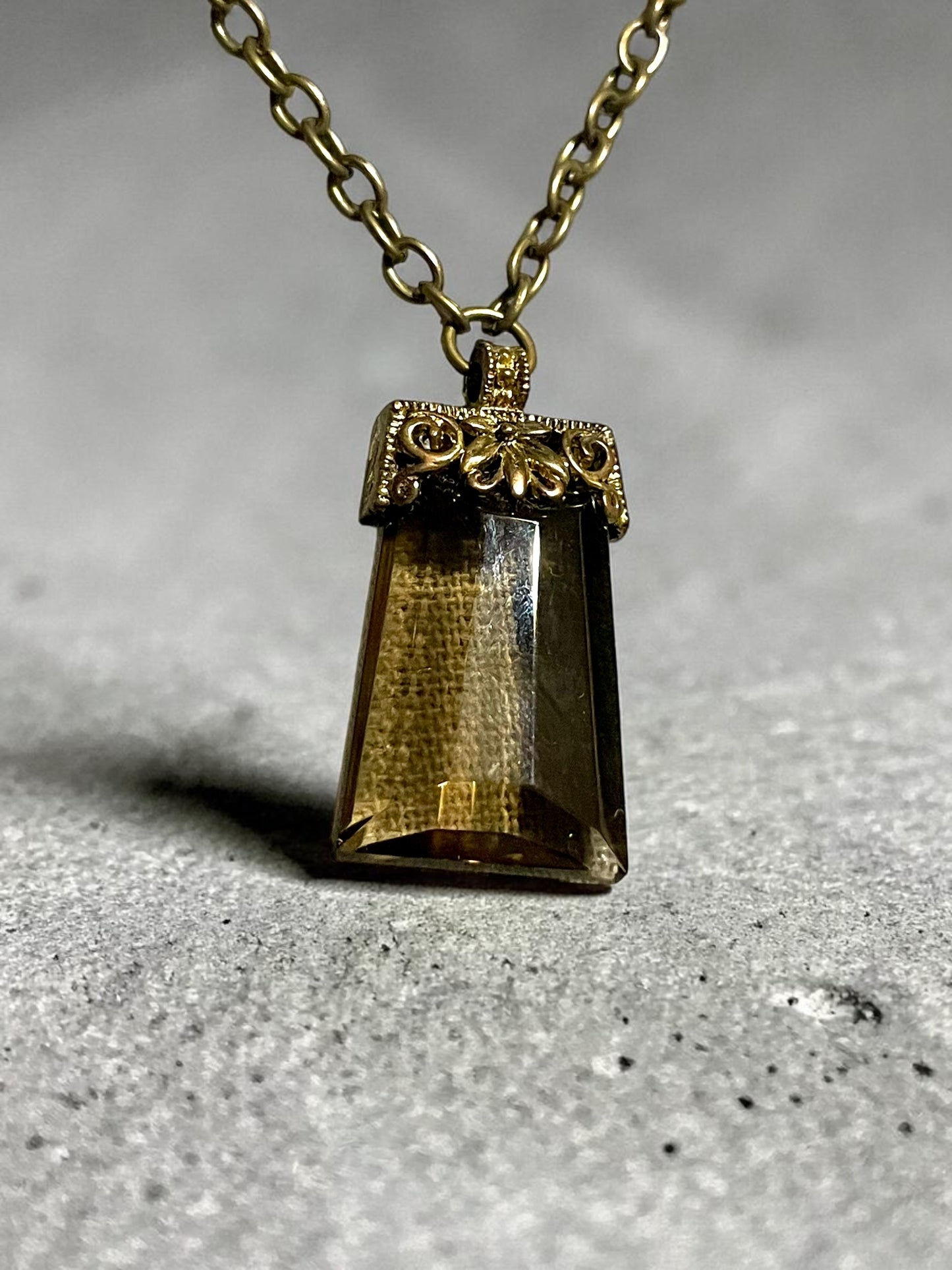 Czechoslovakian Smokey Topaz Pillow Cut Crystal Brass Filigree Necklace