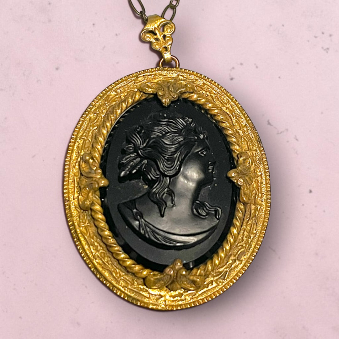 Victorian Gothic Black Art Glass Mourning Cameo Prong Set Pendant Necklace