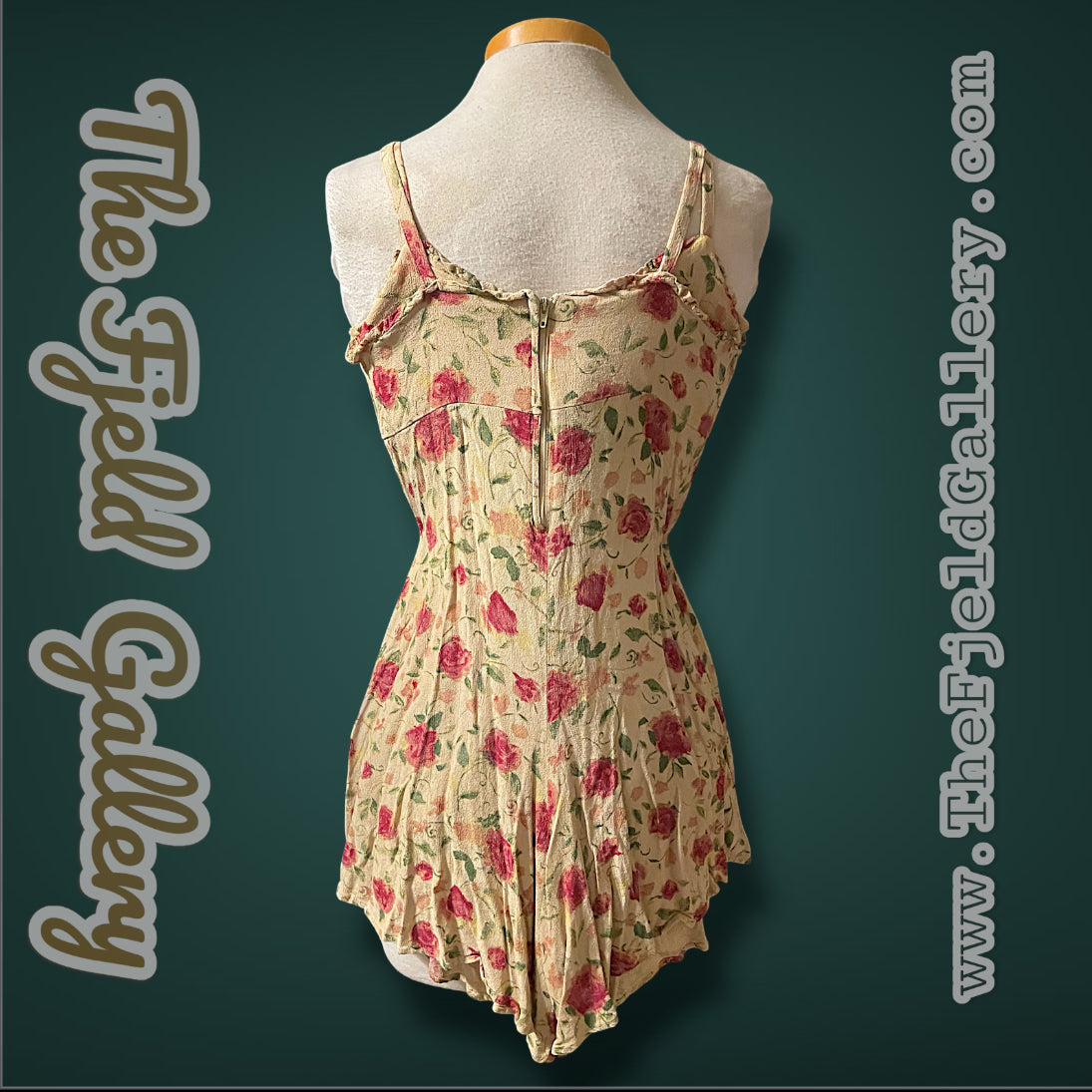 1990’s Spaghetti Strap Red, Green & Tan Rose Pattern Romper Shorts Jumpsuit