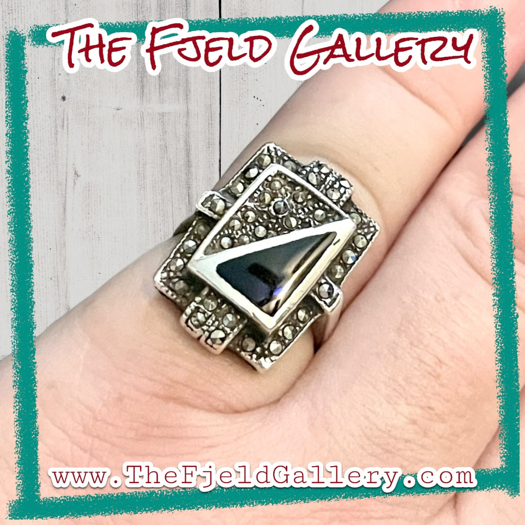 Art Deco Onyx & Marcasite Square Sterling Silver Geometric Ring