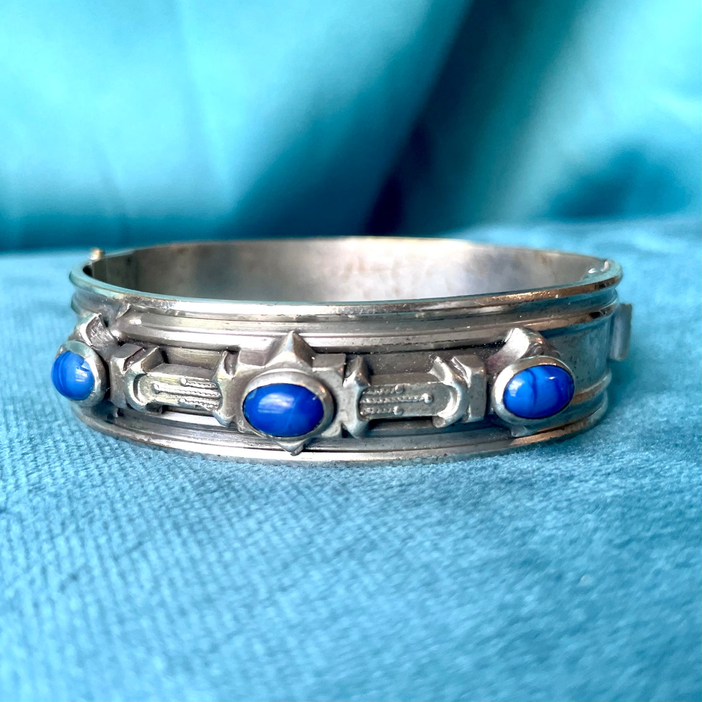 Antique Regal Blue Lapis Art Glass Silver Hinged Bangle Bracelet