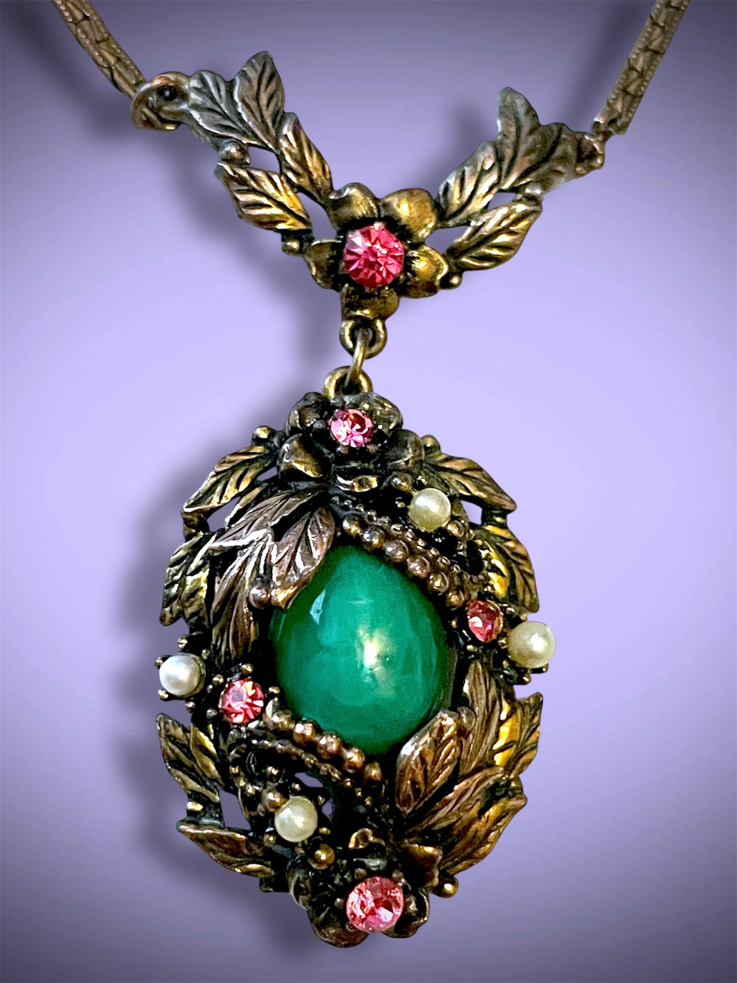 Art Nouveau Brass Green Jade Peking Art Glass Pink Crystal & Pearl Pendant Necklace