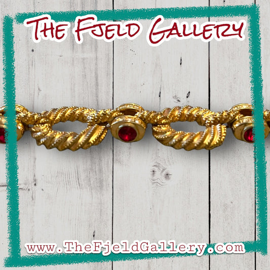 Hollywood Regency Gold Link Bracelet with Ruby Red & Crystal Rhinestones