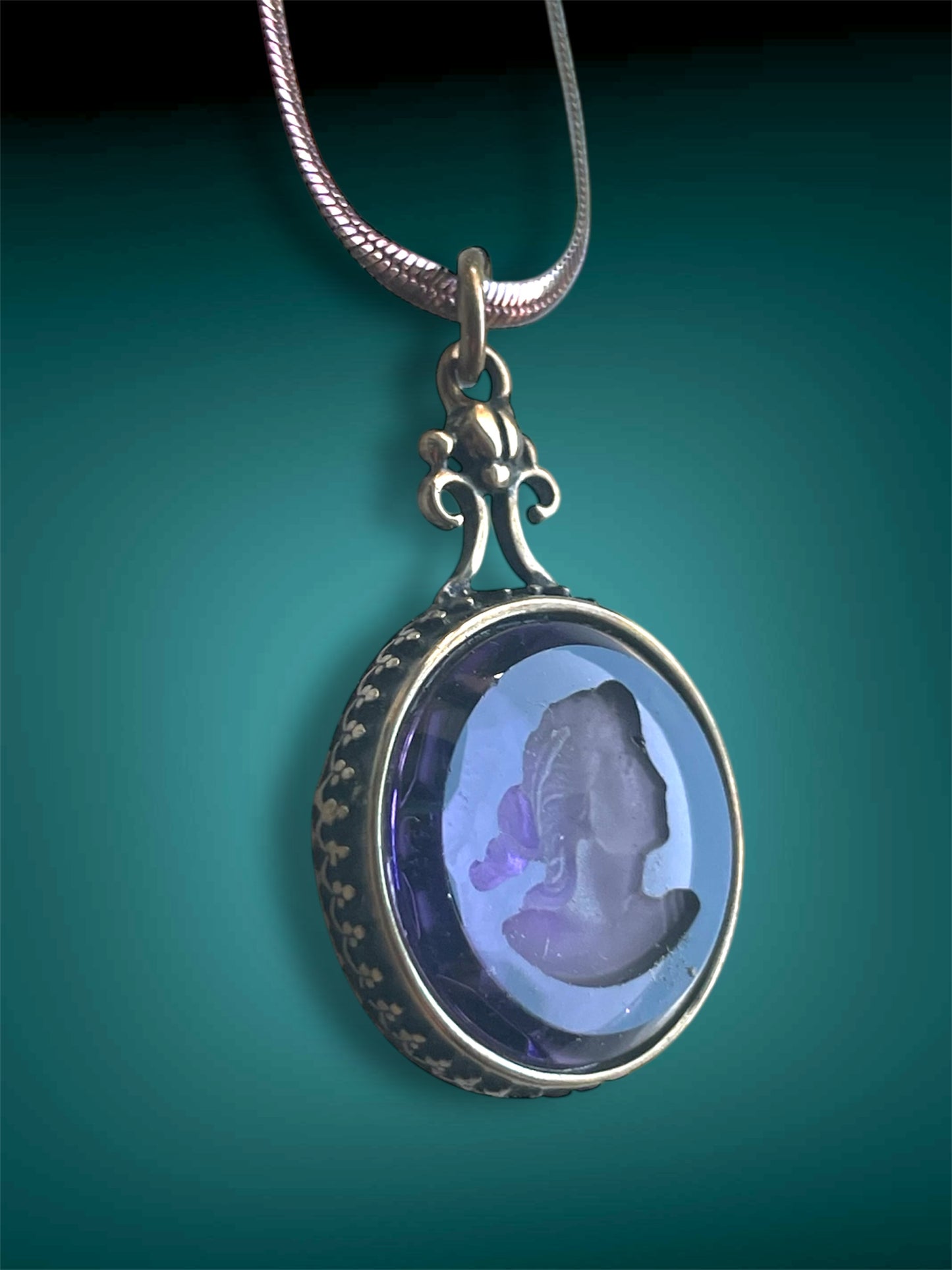 Art Nouveau Brass Scarab Set Purple Faceted Glass Intaglio Cameo Pendant Necklace