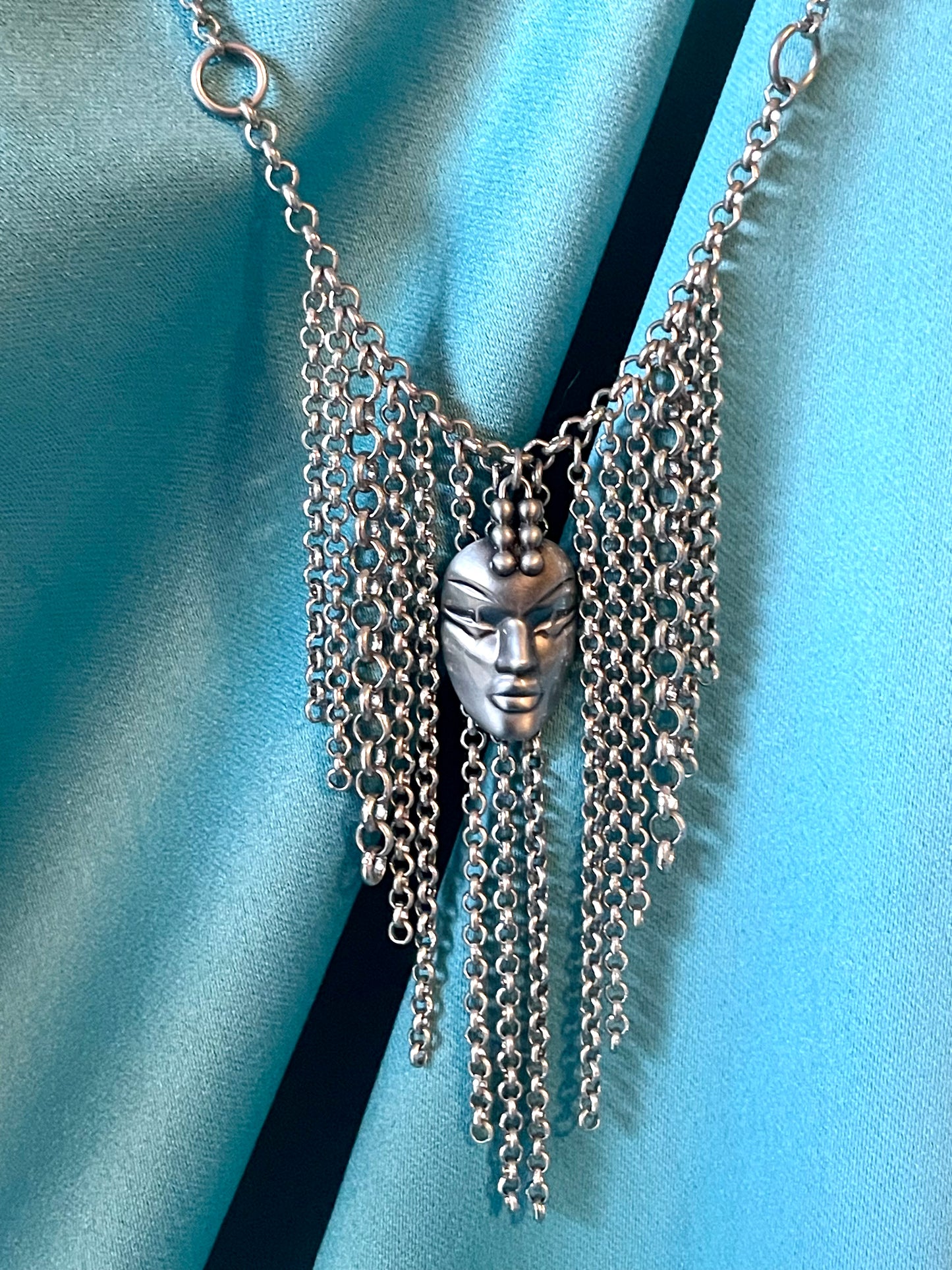 Designer Thierry Mugler Silver Face Fringe Necklace