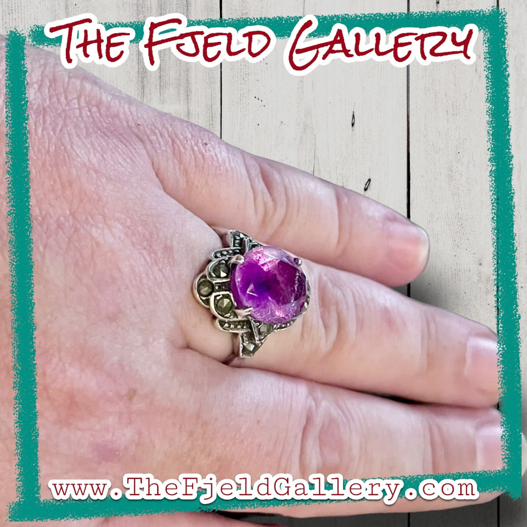 Art Deco Amethyst & Marcasite Sterling Silver Ring