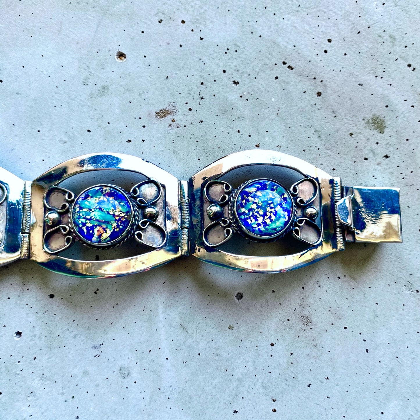 Sterling Silver Blue Green Dragons Breath Fire Opal Taxco Mexico Panel Bracelet