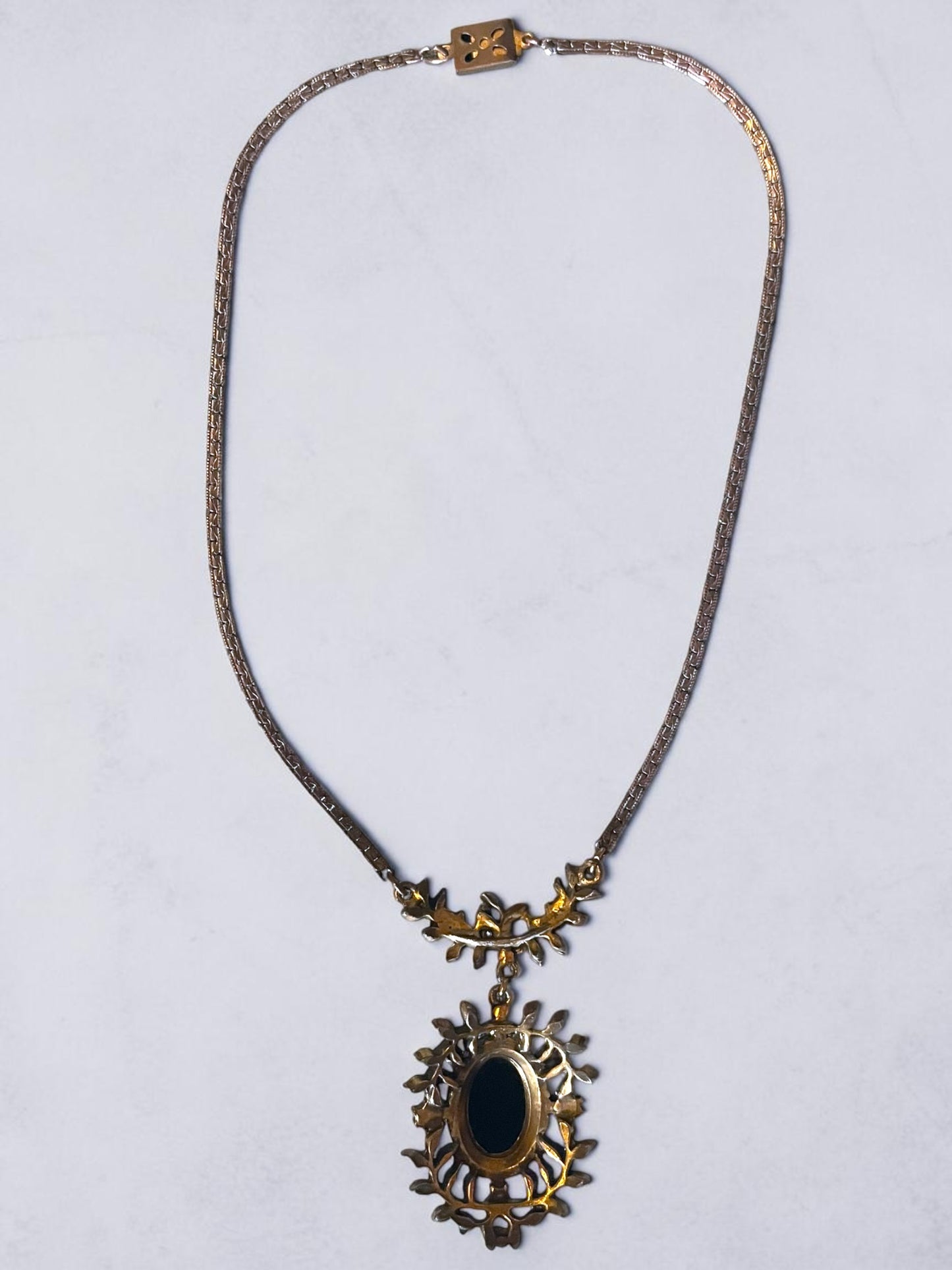 Art Nouveau Brass Leaf Garland Black Art Glass, Pink Crystal & Pearl Necklace