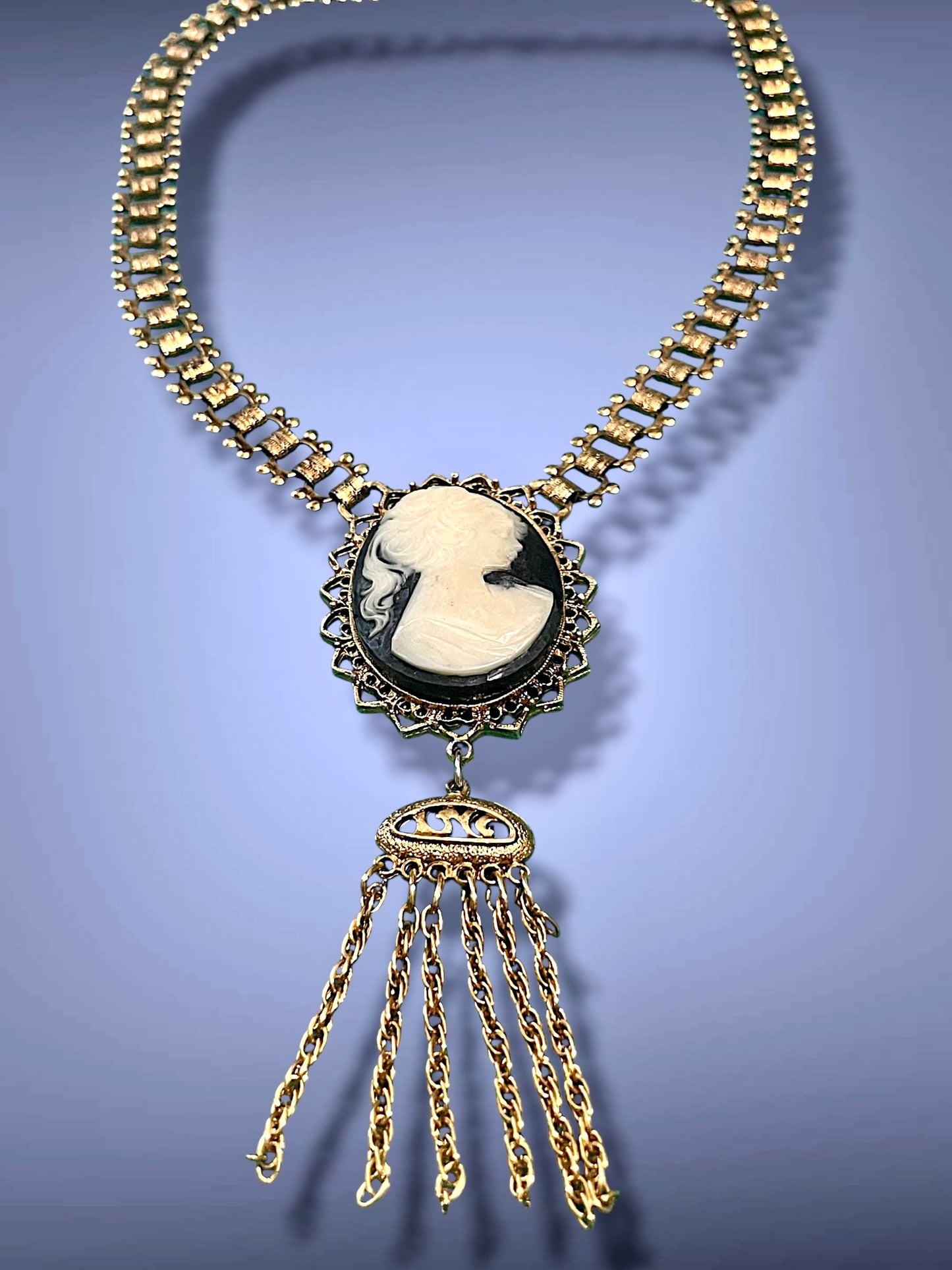 Victorian Gold Book Link Chain Black & Cream Mourning Cameo Designer Signed Necklace