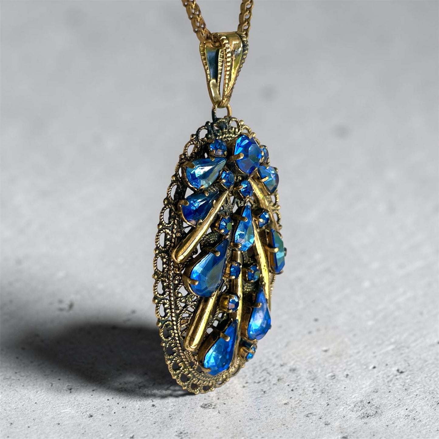 Antique Czech Brass Filigree Sapphire Prong Set Blue Crystal Pendant Necklace