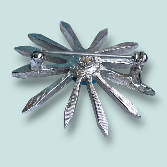 Marvella Vintage Crystal Rhinestone & Turquoise Art Glass Silver Starburst Flower Brooch