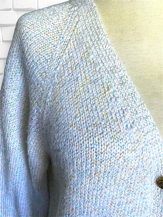 Vintage Light Grey/White Cardigan with Metallic Blue, Pink & Yellow Threading