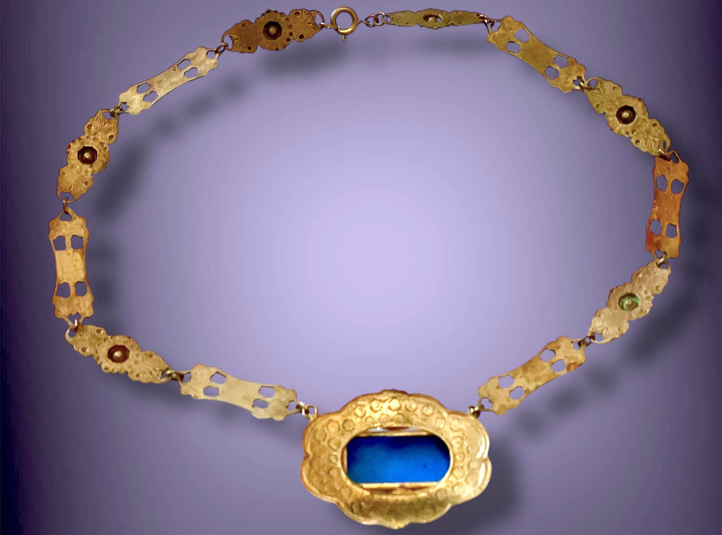 Czechoslovakian Brass Art Nouveau Floral & Flourish Lapis Blue Art Glass & Sapphire Crystal Necklace