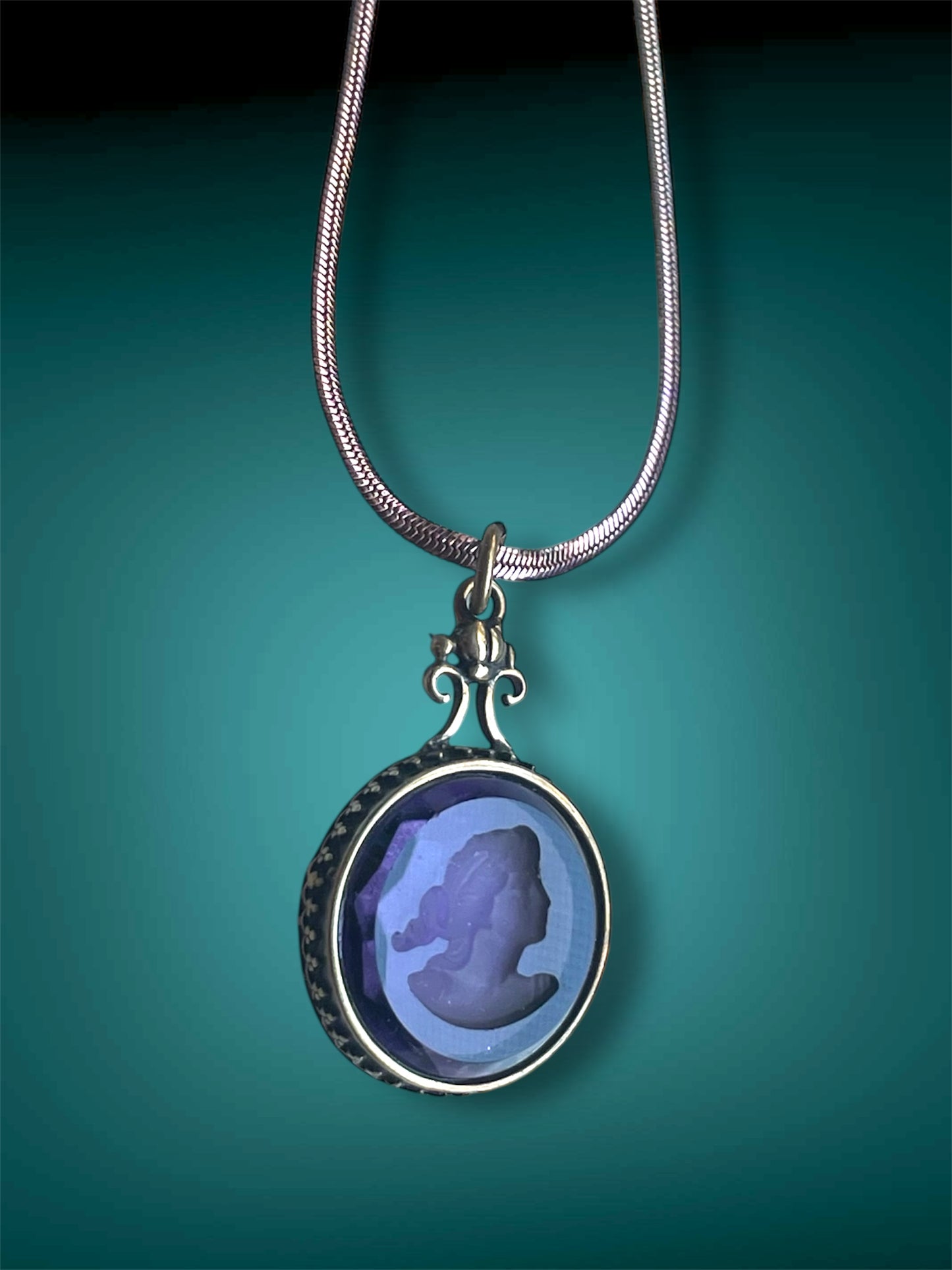 Art Nouveau Brass Scarab Set Purple Faceted Glass Intaglio Cameo Pendant Necklace