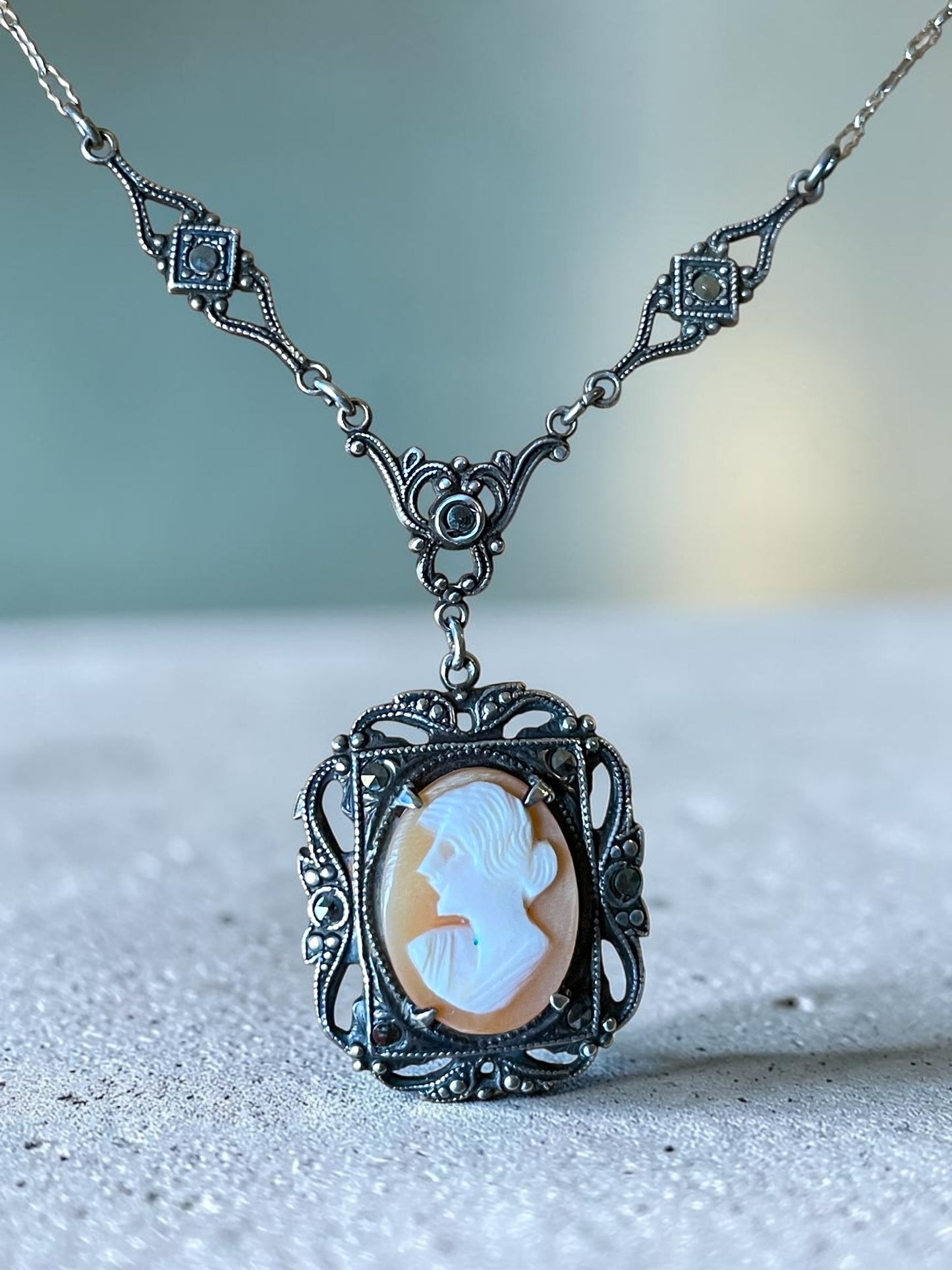 Victorian Sterling Silver & Marcasite Hand Carved Shell Cameo Necklace