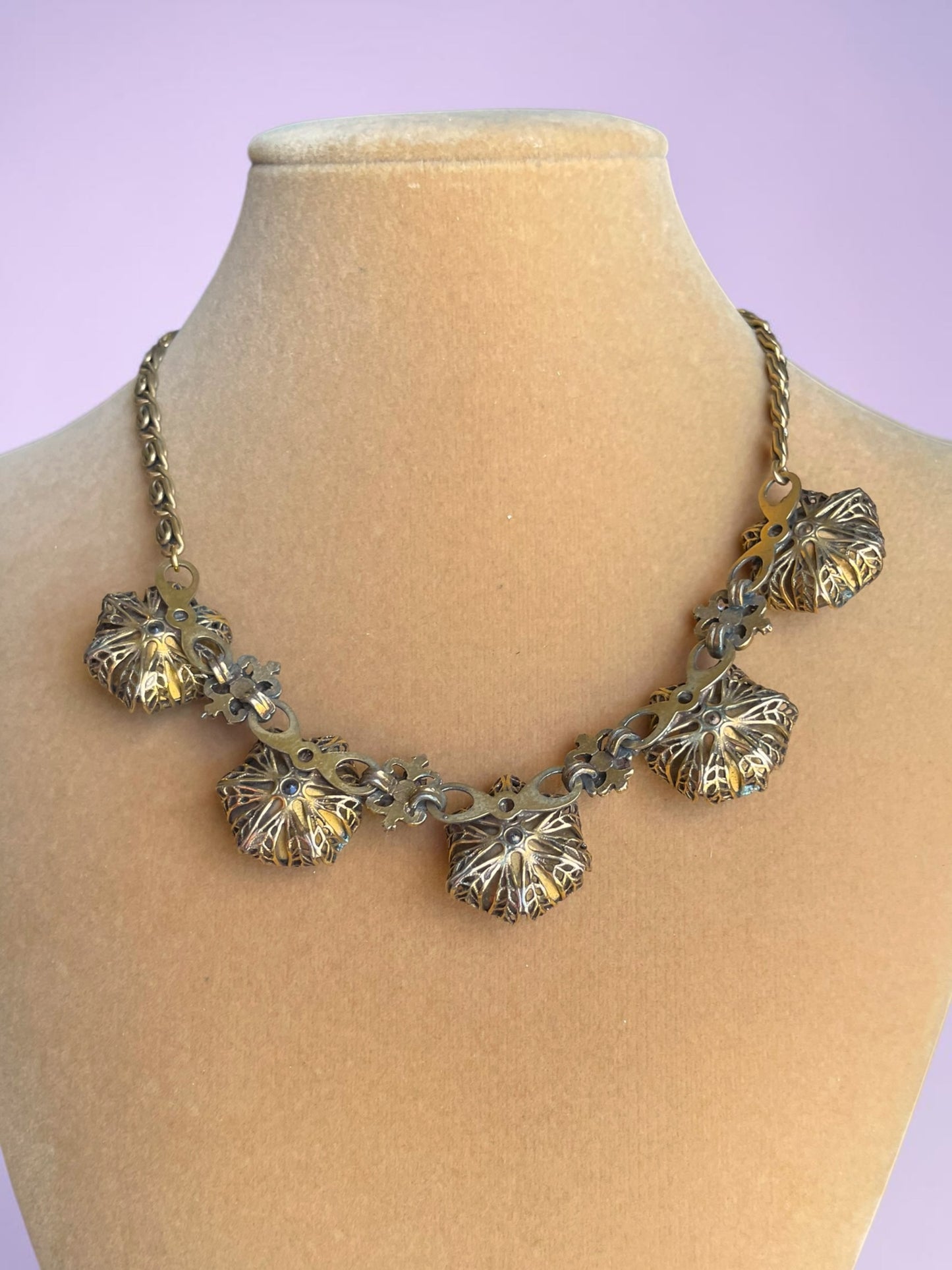 Art Nouveau Austrian Lilac Purple & Pink Crystal Gold Filled Brass Filigree Schiaparelli Necklace