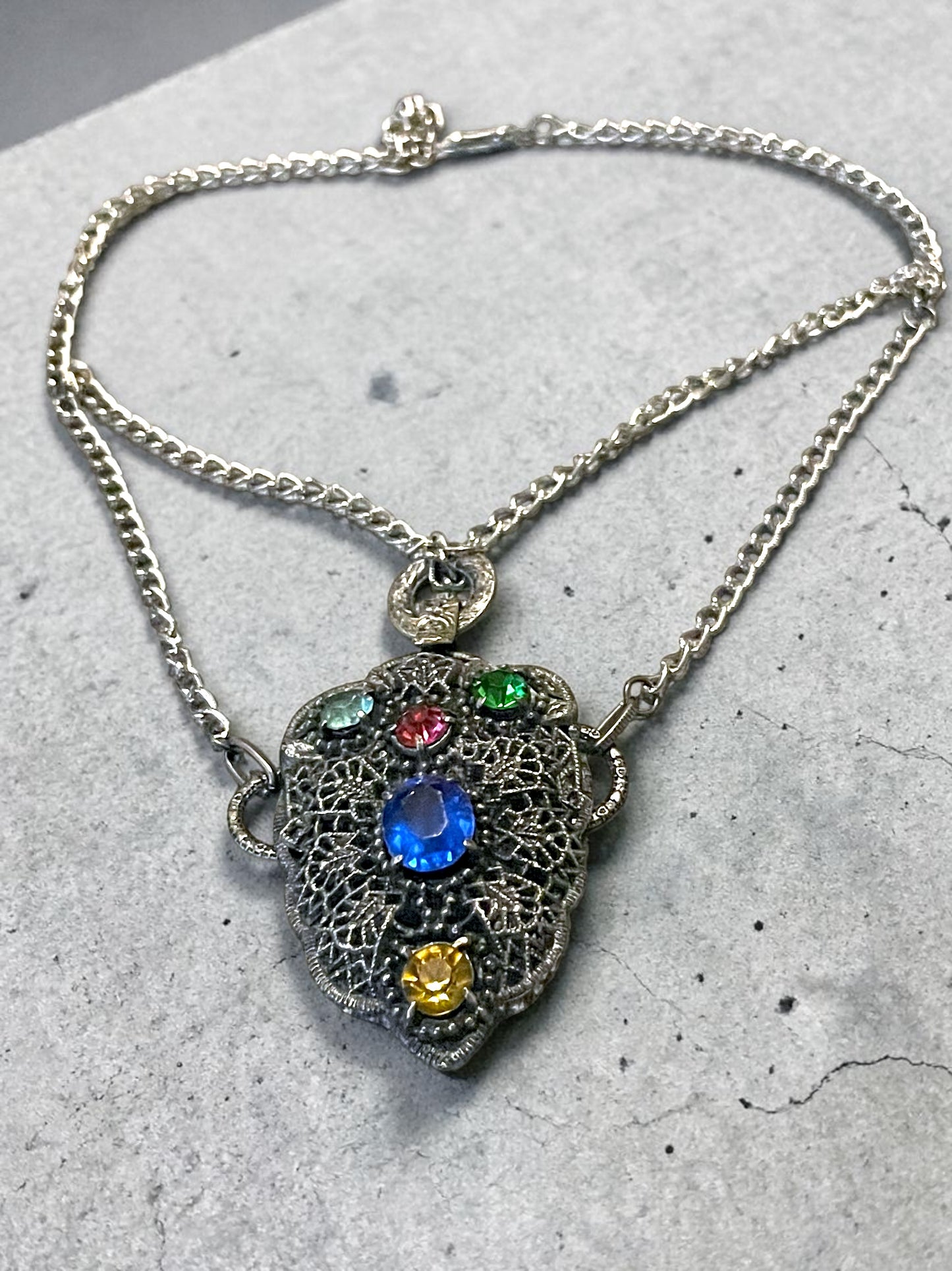 Czech Silver Filigree Fruit Salad Multi-color Leaded Past Stone Crystal Saphire, Emerald, Aquamarine, Ruby & Citrine Festoon Necklace
