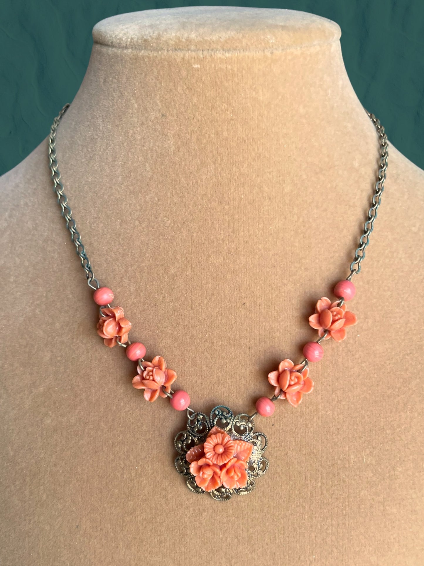 Art Nouveau Coral Orange Pink Celluloid Flower & Art Glass Bead Brass Necklace