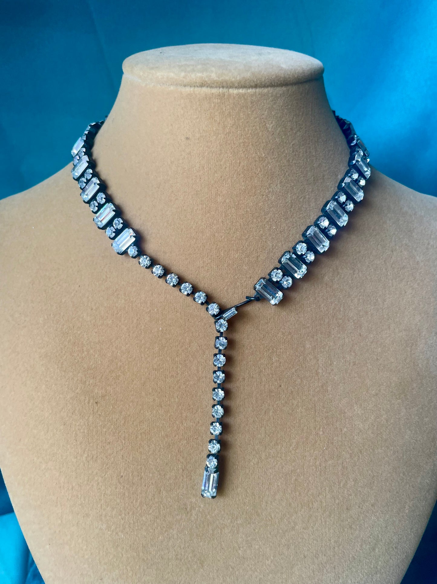 Prong Set Vintage Crystal Black Gunmetal Patina Bridal Choker Necklace
