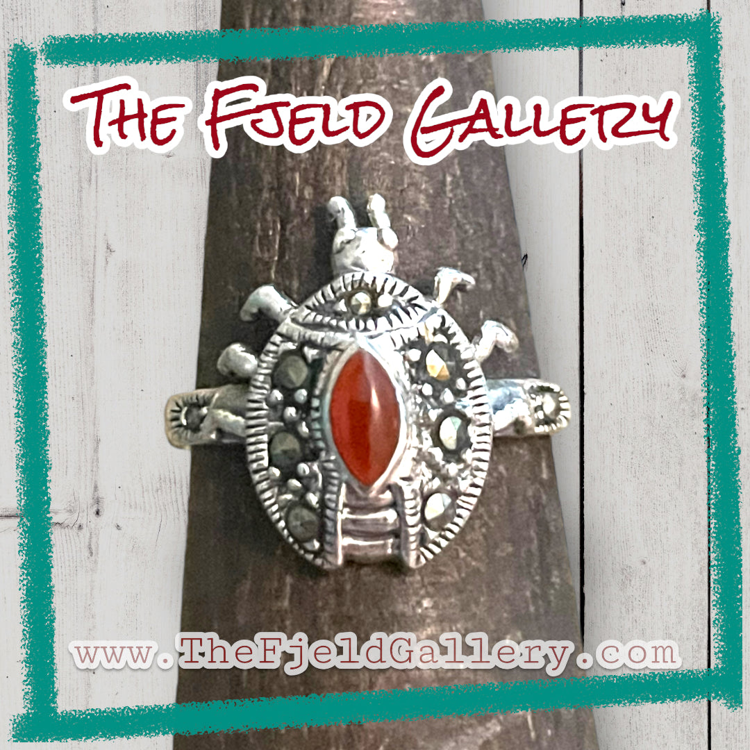 Carnelian & Marcasite Sterling Silver Art Deco Style Ring