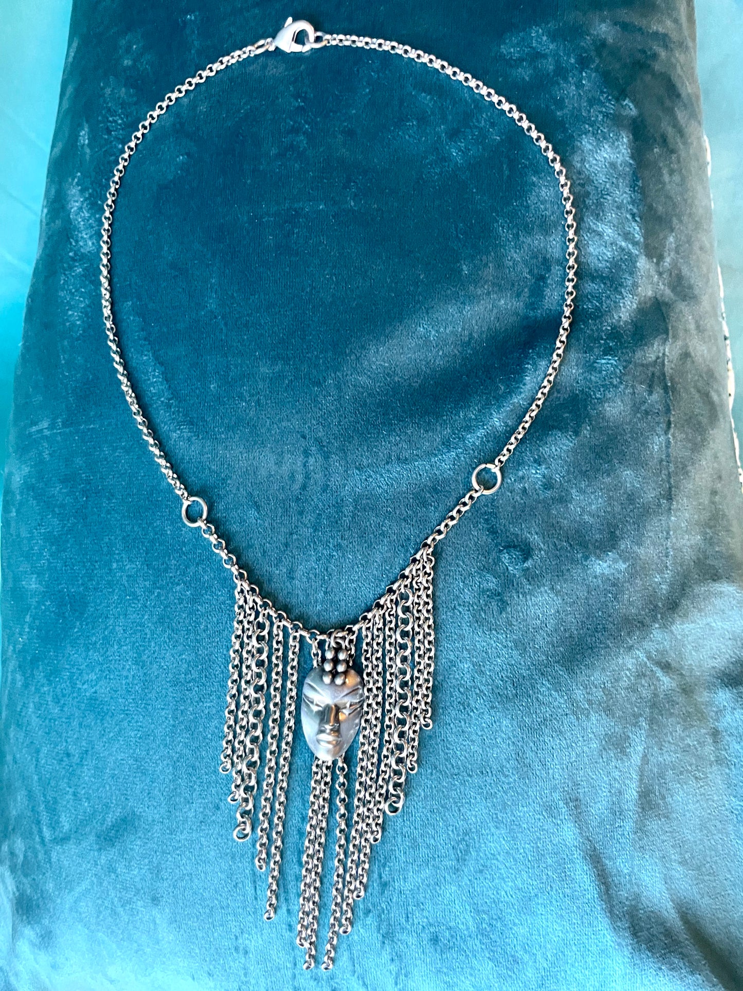 Designer Thierry Mugler Silver Face Fringe Necklace
