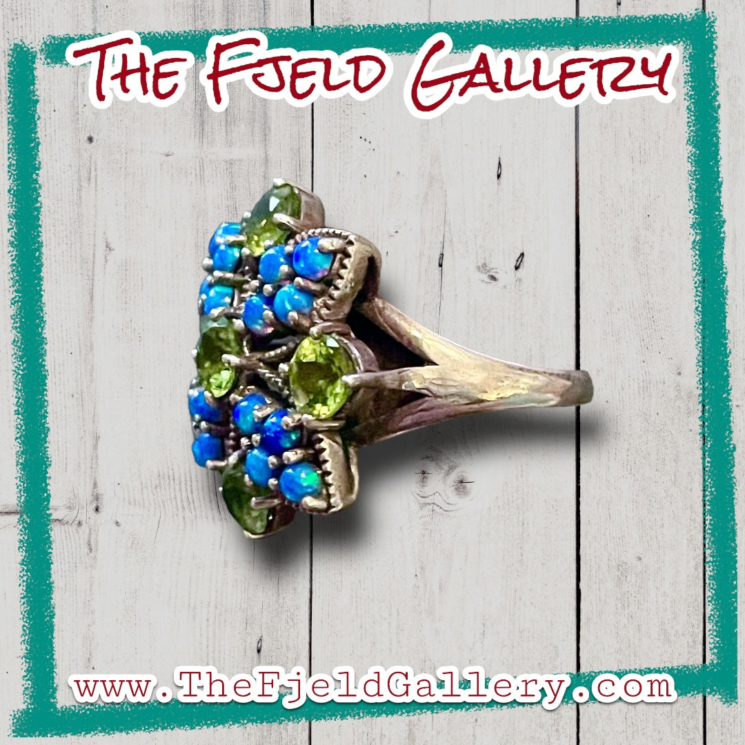 Peridot & Blue Fire Opal Flower Sterling Silver Ring