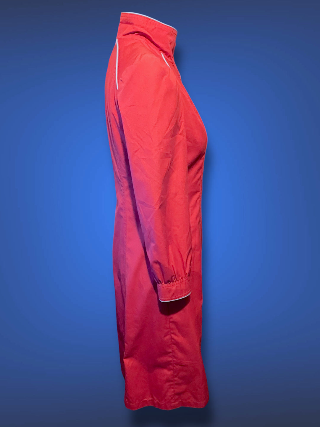 Vintage 1970’s Magenta Pink Long Trench Coat with Grey Piping Mod Detail