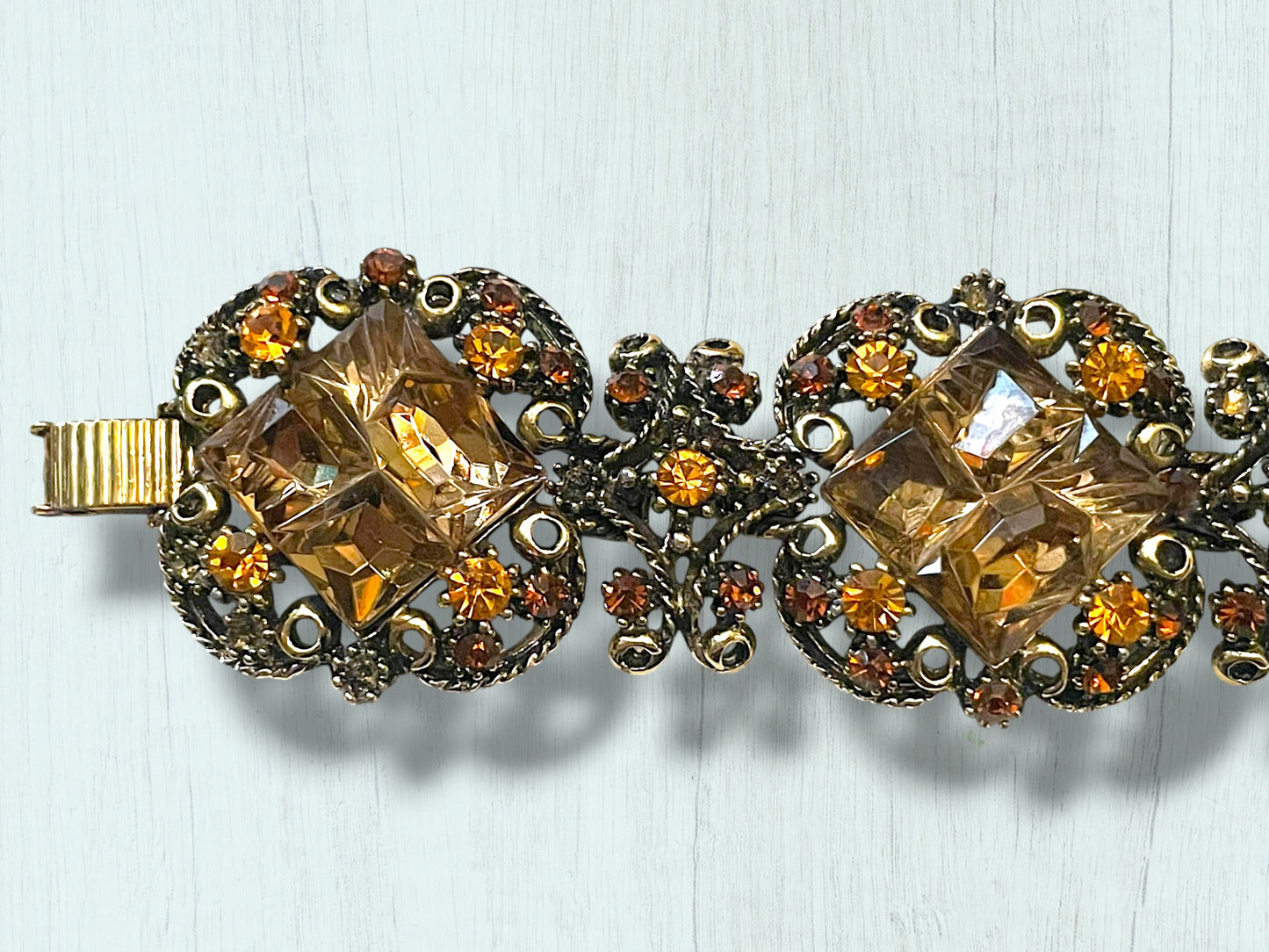 Incredible Vintage Chunky Faceted Amber & Topaz Crystal Designer Bracelet