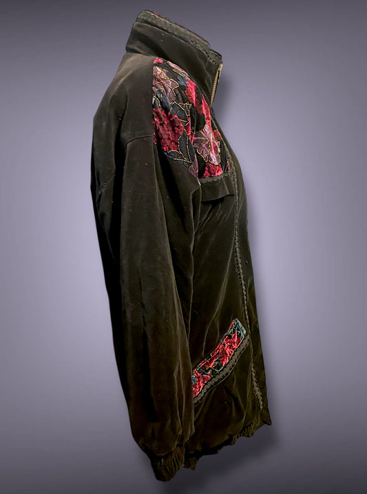 80’s 90’s Black Velvet Puffer Coat w/ Red & Purple Gold Crush Velvet Rose Detail