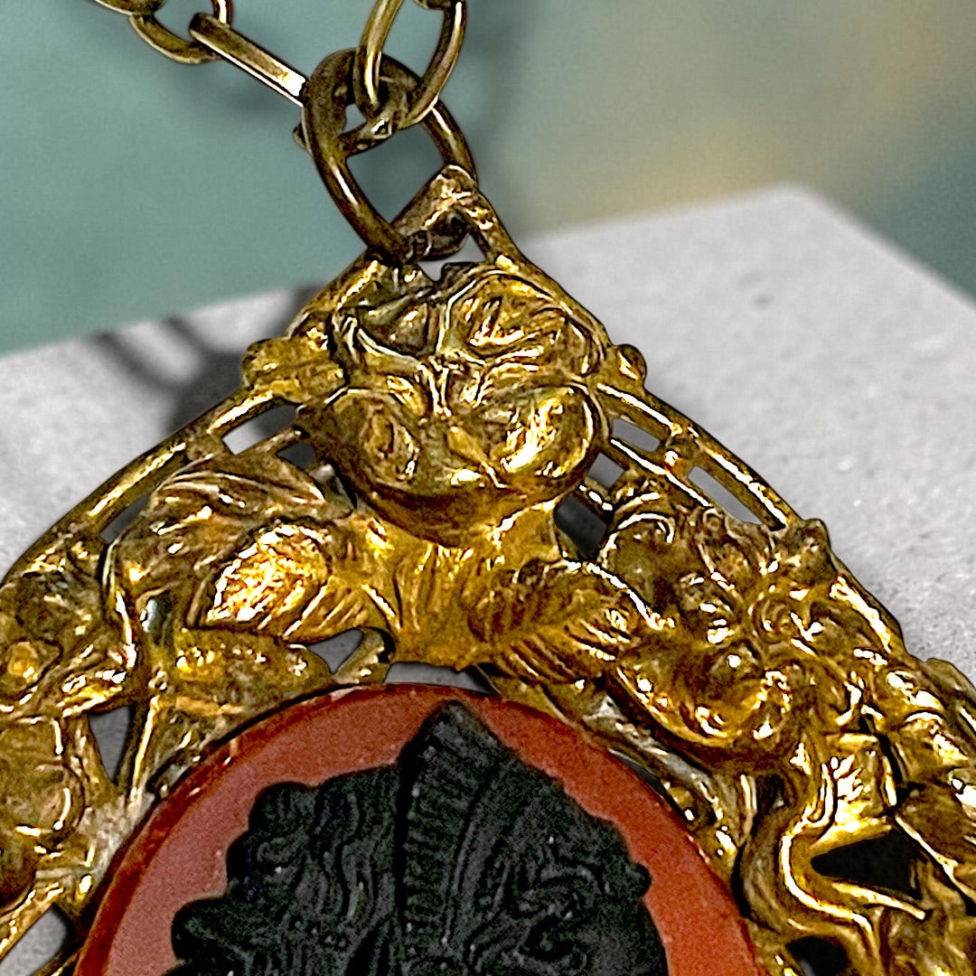 Huge Red & Black Art Glass Cameo Gilded Brass Repoussé Art Nouveau Floral Frame Pendant Necklace