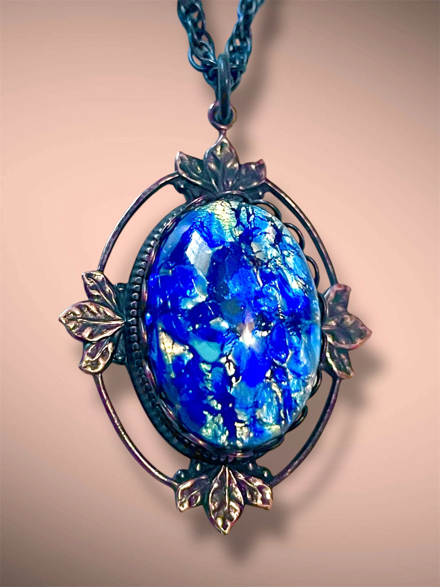 Art Nouveau Blue Dragons Breath Fire Opal Foil Art Glass Brass Pendant Necklace