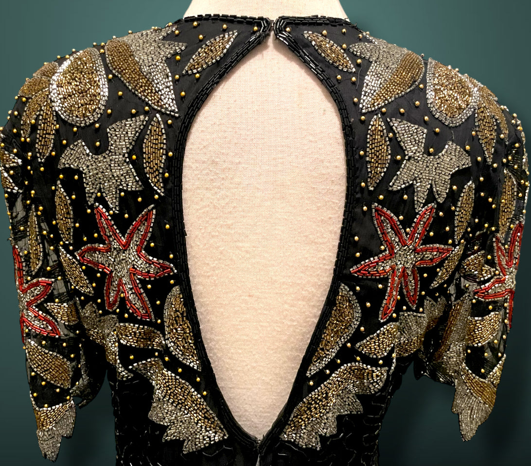 Vintage 1980’s Silk NYE Gold Silver Red & Black Glass Bead Short Dress