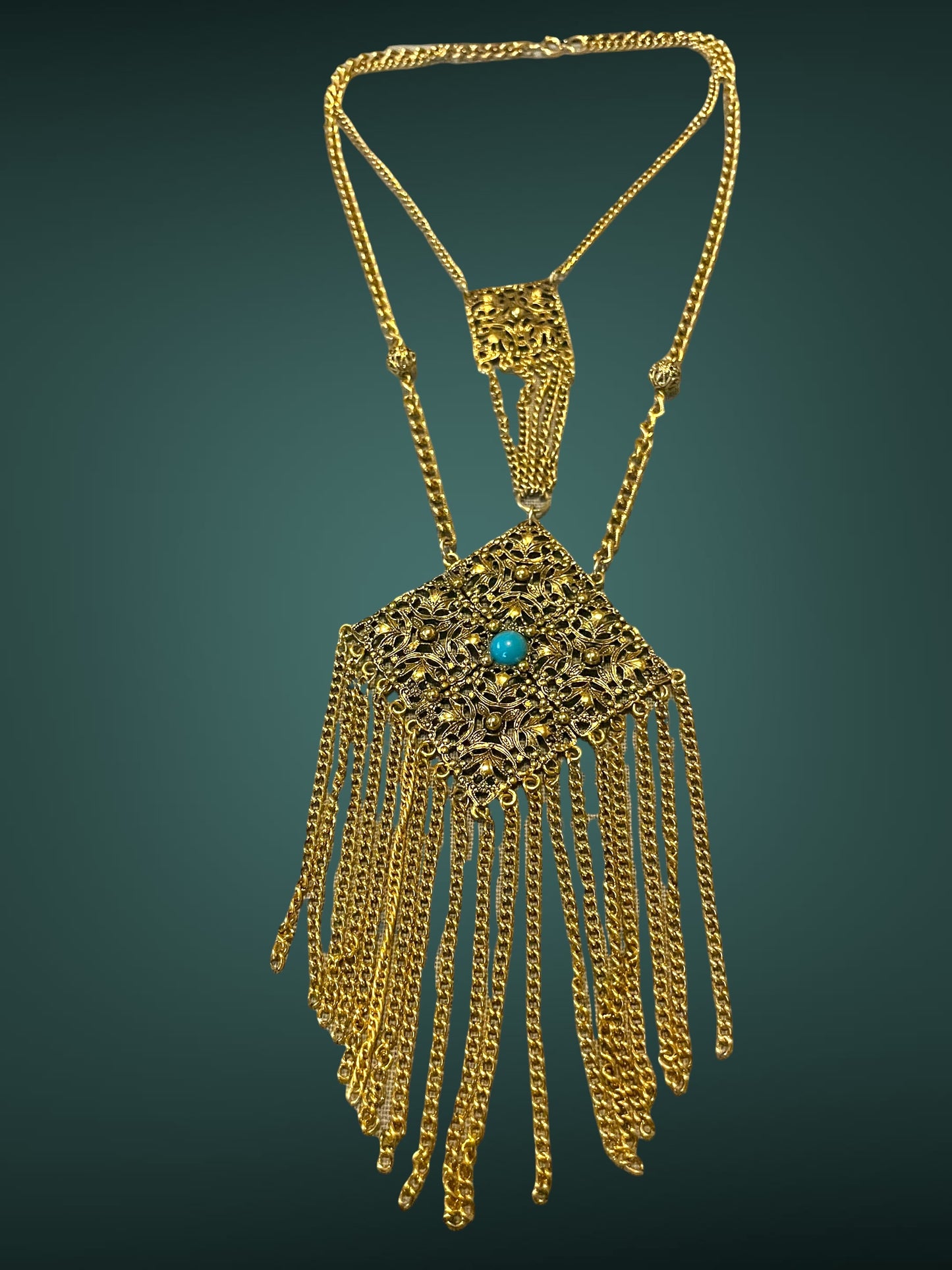 Art Nouveau Czech Gold Filigree Chestplate Turquoise Chain Dangle Festoon Necklace