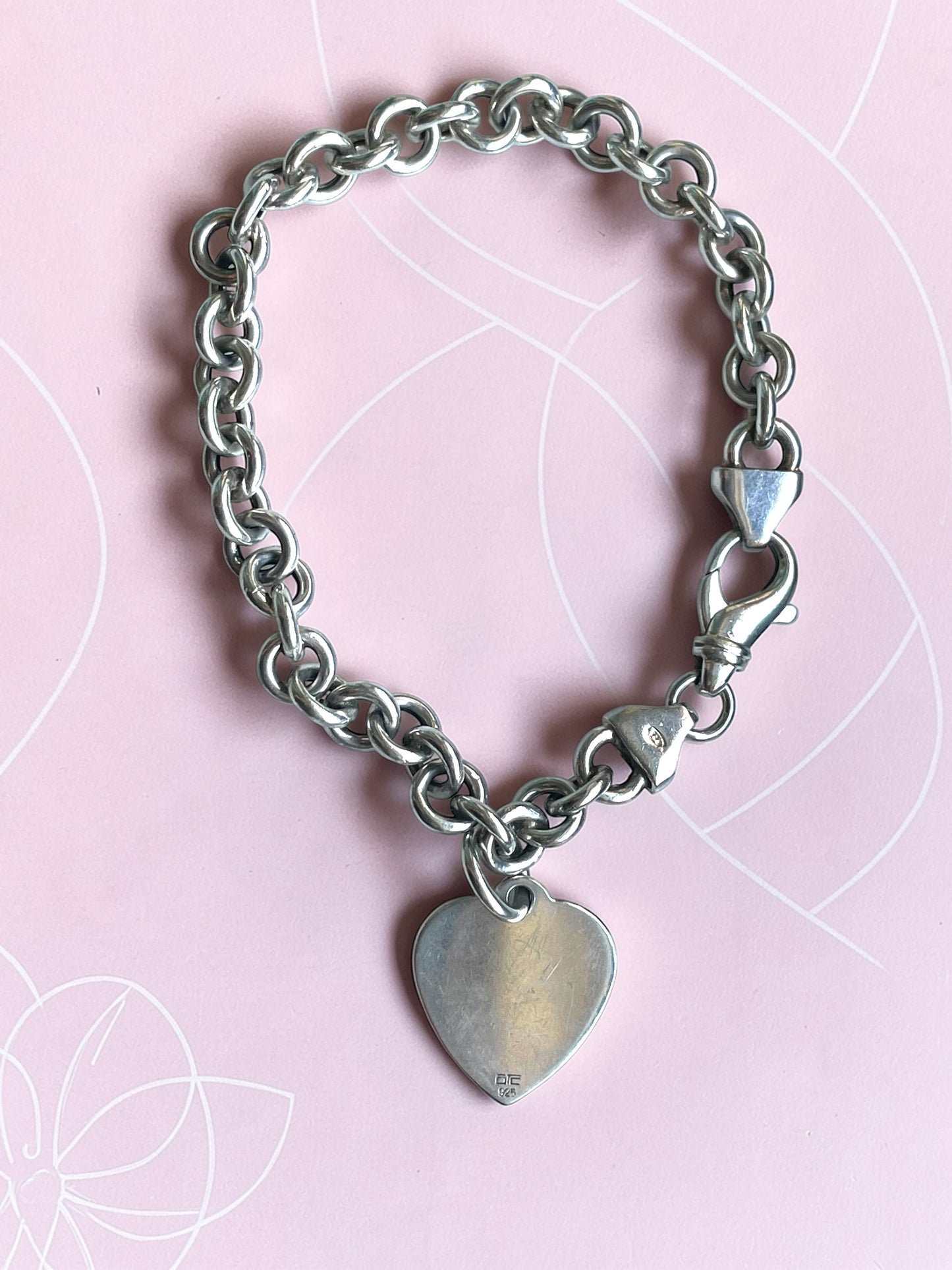 Vintage Solid Sterling Silver OTC Wide Rolo Chain Engravable Heart Charm Bracelet