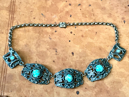 1940’s Southwest Thunderbird Cast Silver Panel Choker Necklace