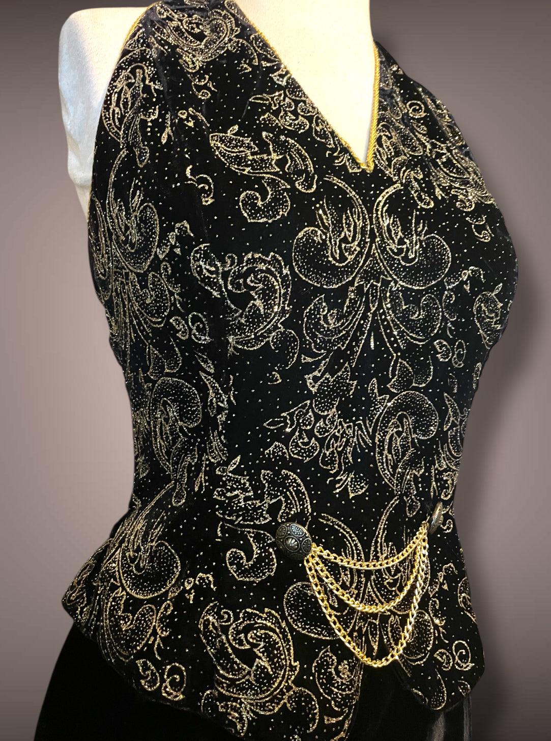 Vintage 1990’s Scott McLintock Black Velvet Maxi Pencil Halter Dress with Gold Glitter Damask Pattern
