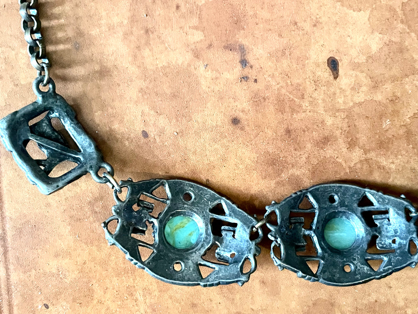 1940’s Southwest Thunderbird Cast Silver Panel Choker Necklace