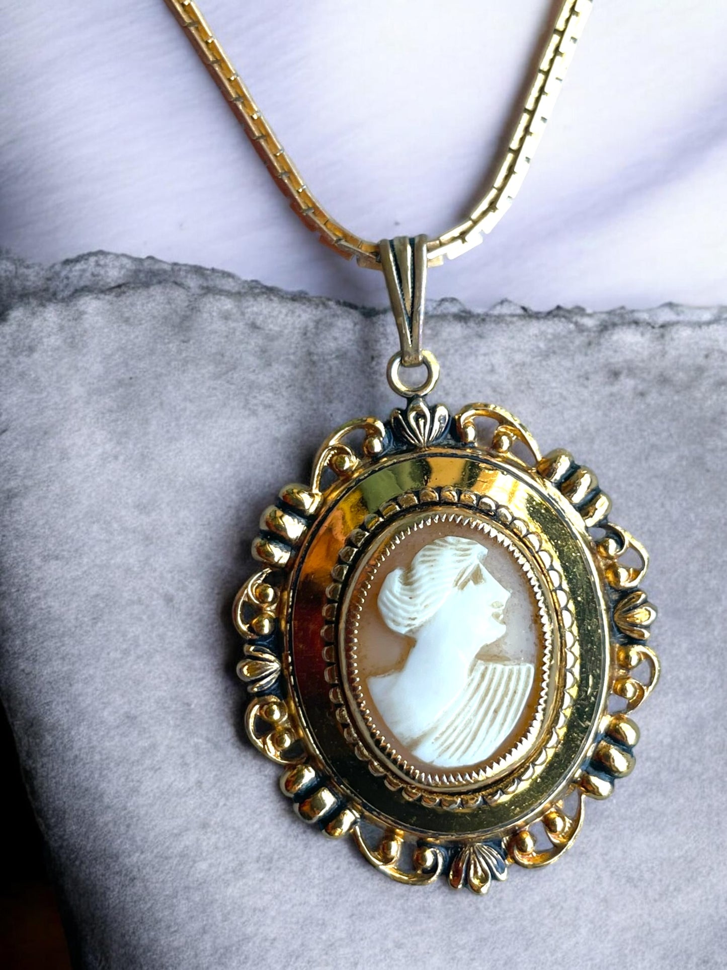 Art Nouveau Hand Carved Coral Pink Shell Cameo Photo Locket Left Facing Cameo Necklace