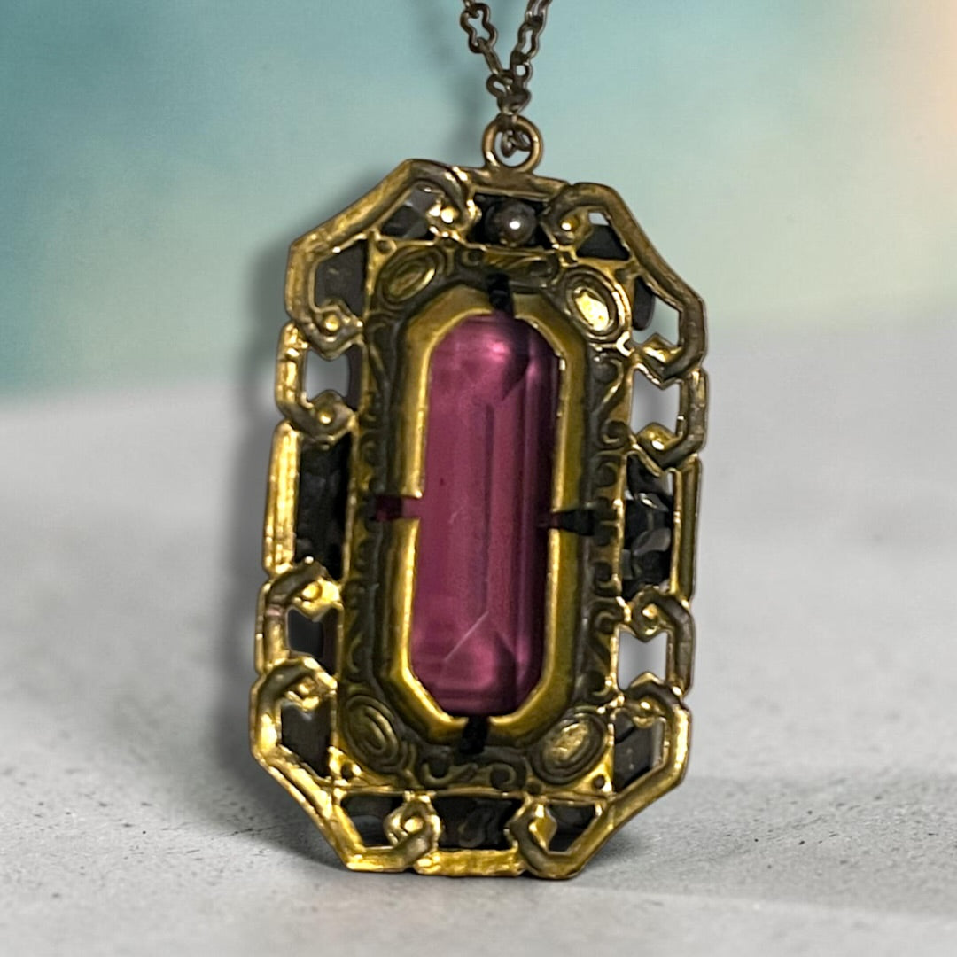 Art Nouveau Neiger Brothers Purple Crystal & Enamel Brass Filigree Necklace