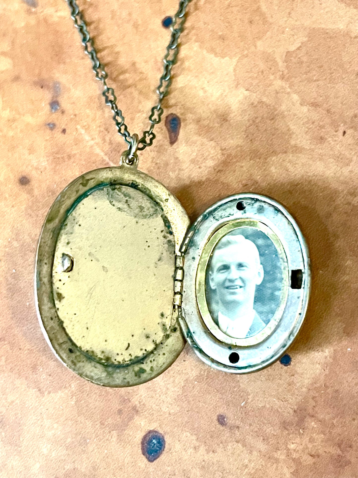 Art Nouveau Brass & Green Enamel Blue Art Glass Cameo Locket Necklace