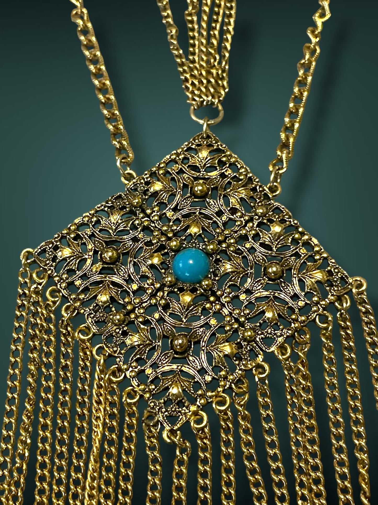 Art Nouveau Czech Gold Filigree Chestplate Turquoise Chain Dangle Festoon Necklace