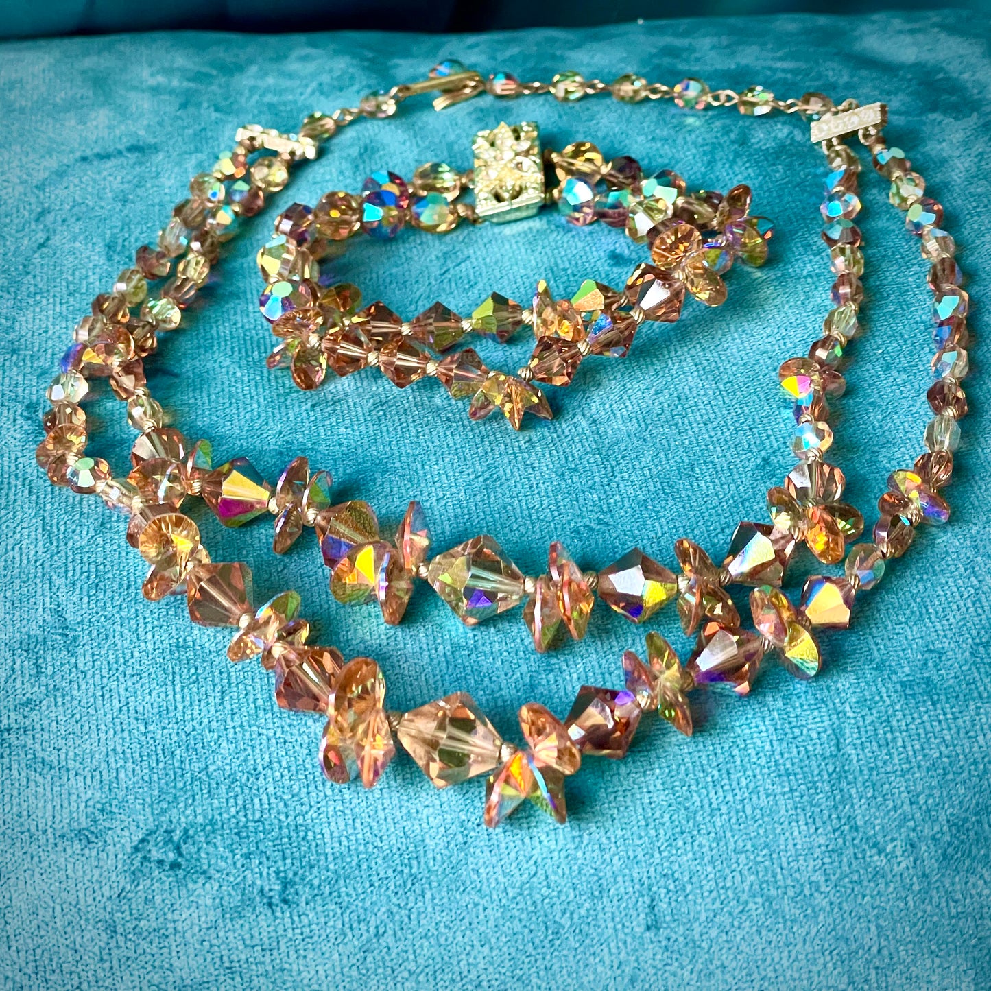 Aurora Borealis Champagne Austrian Crystal Double Strand Necklace & Bracelet Demi Parure