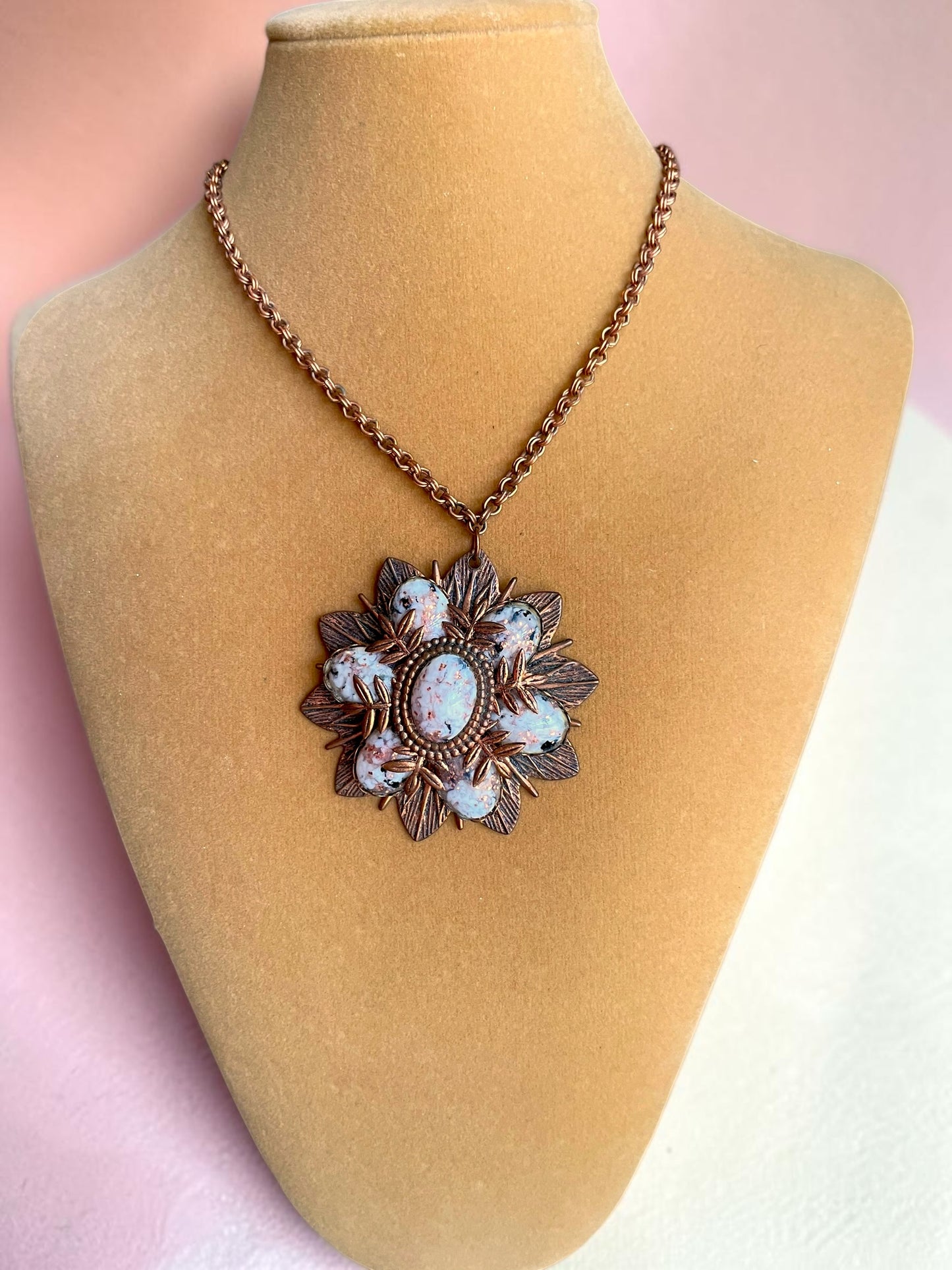 Renoir Copper Starburst White & Black, Pink Confetti Foil Art Glass Pendant Necklace