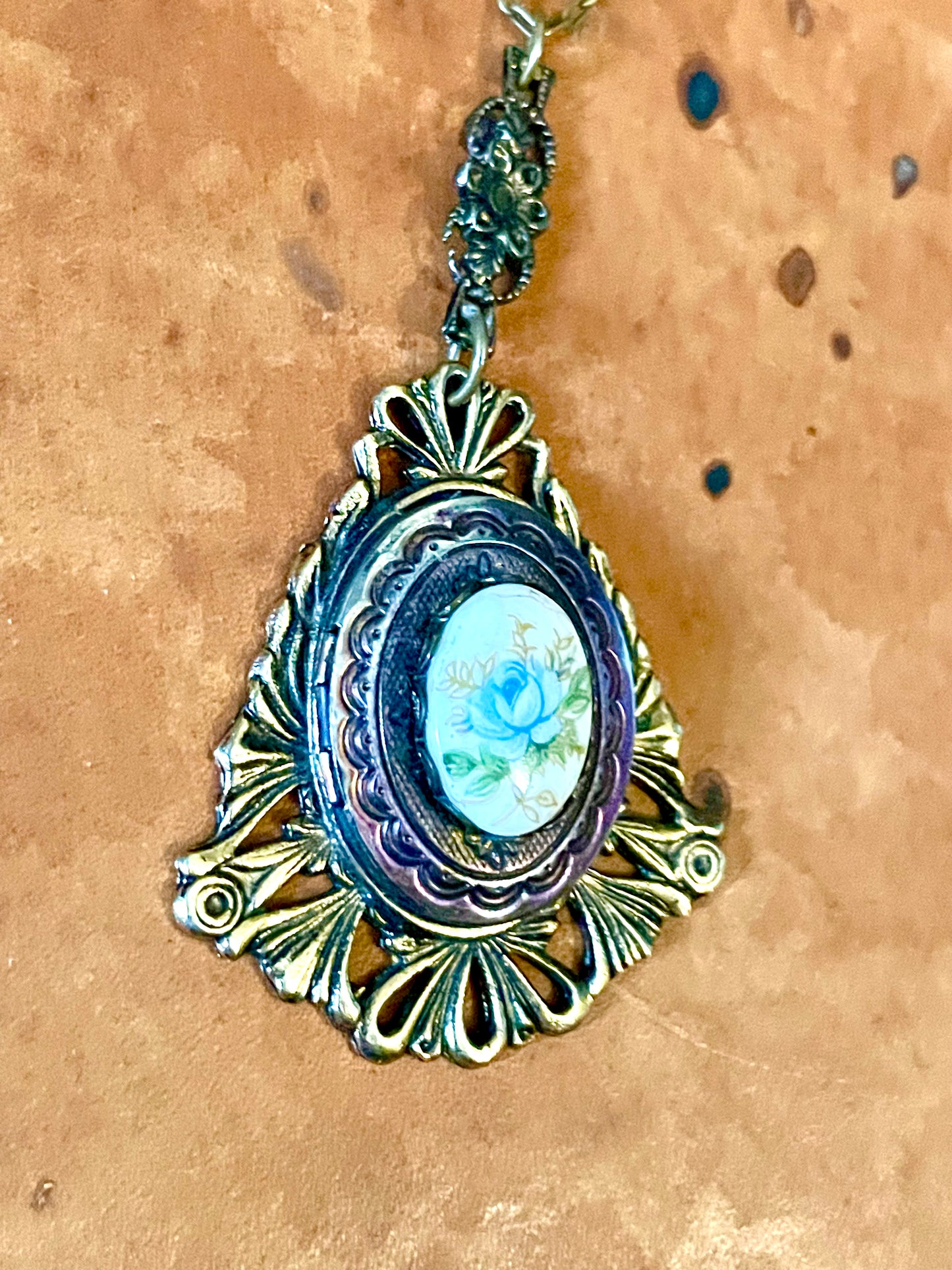 Art Nouveau Brass & Titanium Oxidized Rainbow Metal Porcelain Limogé Blue Rose Locket Necklace