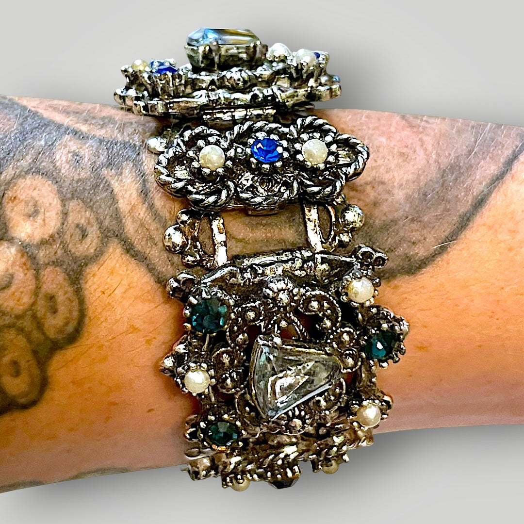 Stunning Multi Blue Crystal & Pearl Victorian Book Link Chunky Bracelet