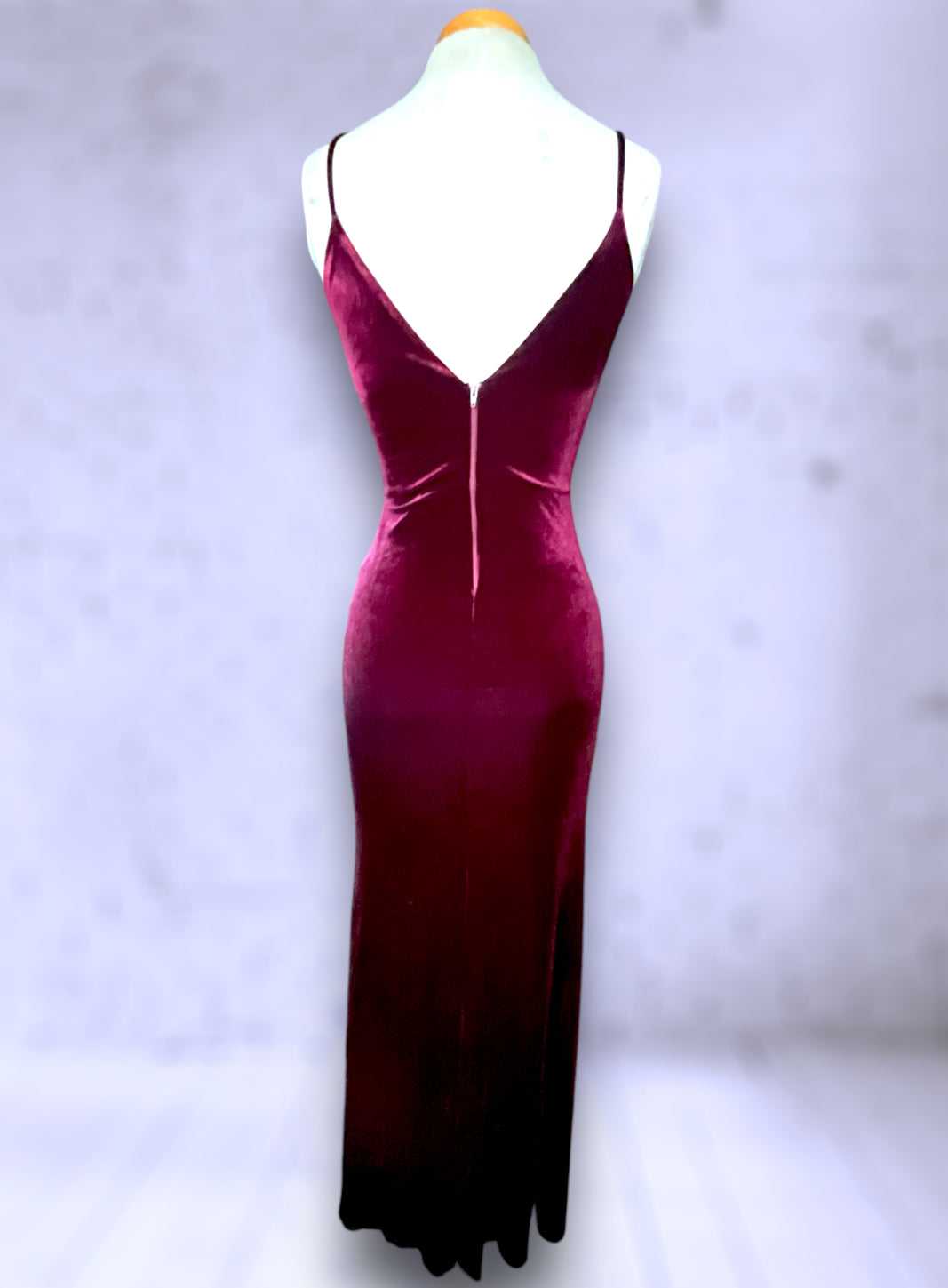 Vintage 1990’s Maroon Red Stretch Velvet Ruched Long Dress