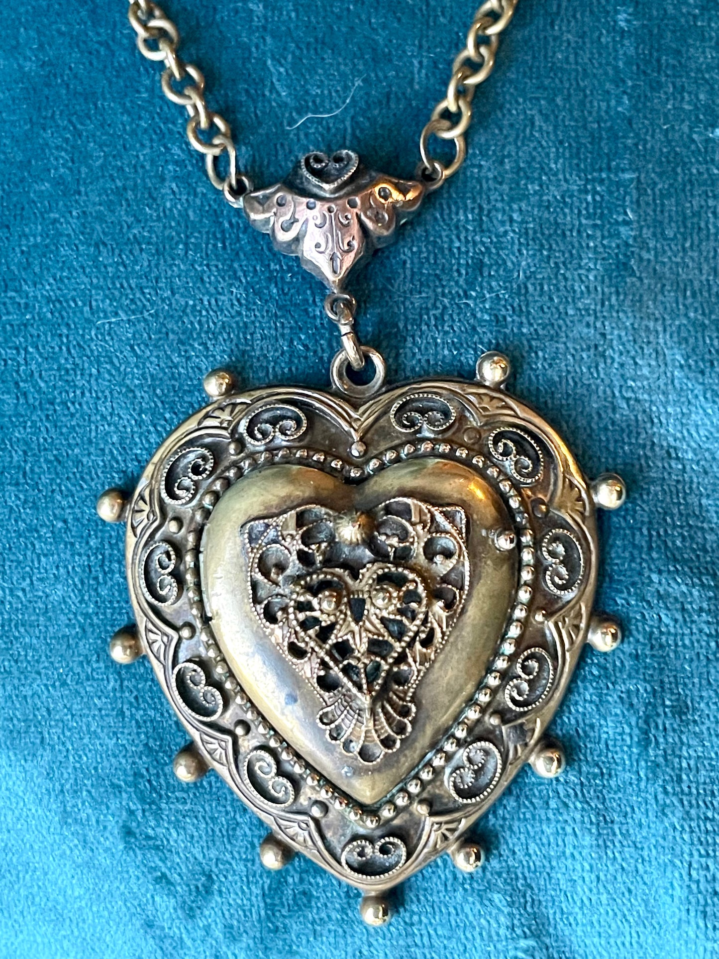 Art Nouveau Brass Filigree Heart Shaped Locket Necklace