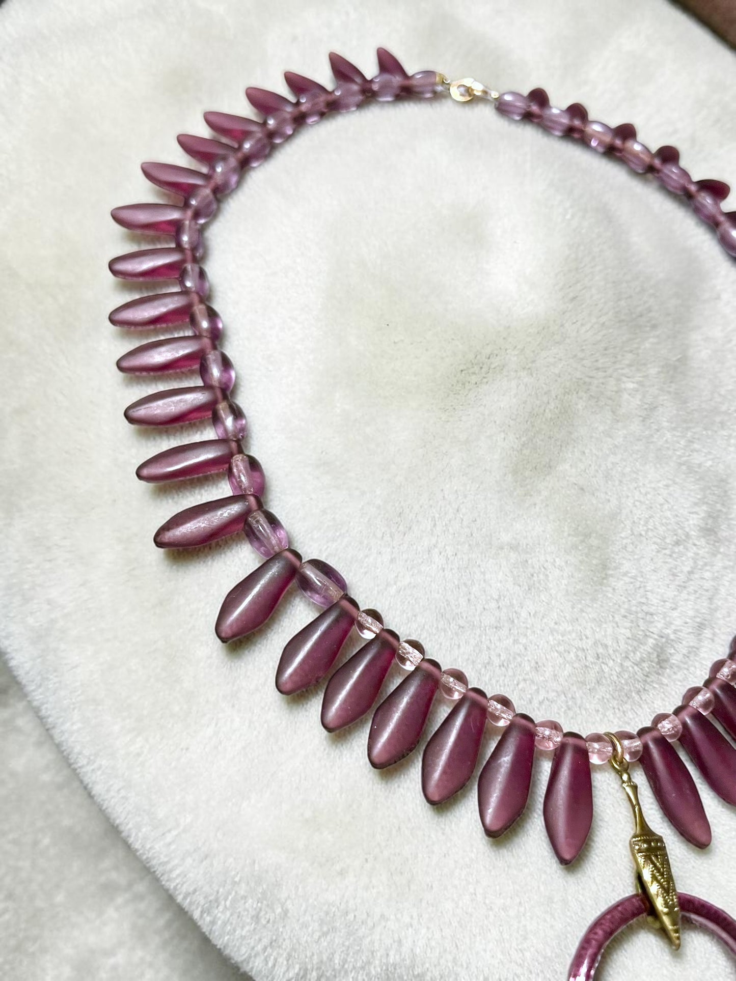 Art Deco Czech Purple Art Glass Vauxhall Ring Embossed Brass Setting Necklace
