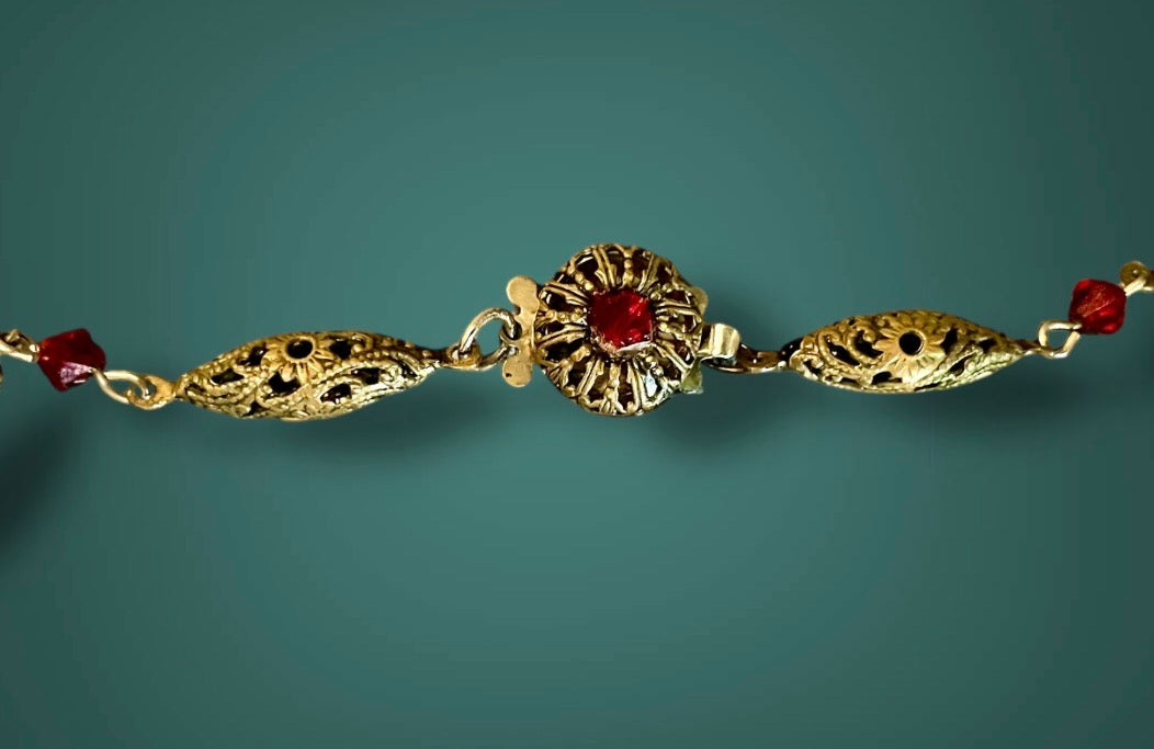 Vintage Art Nouveau Czech Ruby Red Crystal Brass Filigree Y Lavaliere Necklace